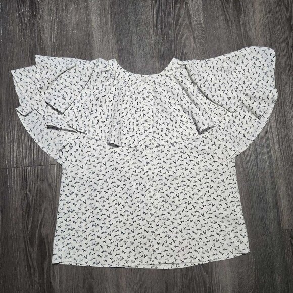 Japanese white ruffle big sleeved dainty floral pattern blouse for work - Picture 11 of 14